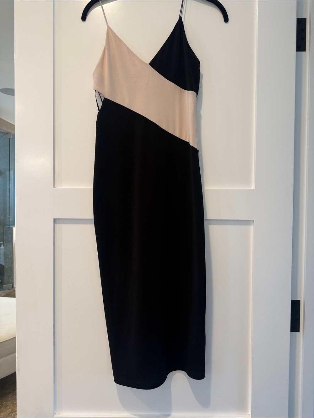 Alice + Olivia Black and Beige Diagonal Slip Midi Dress